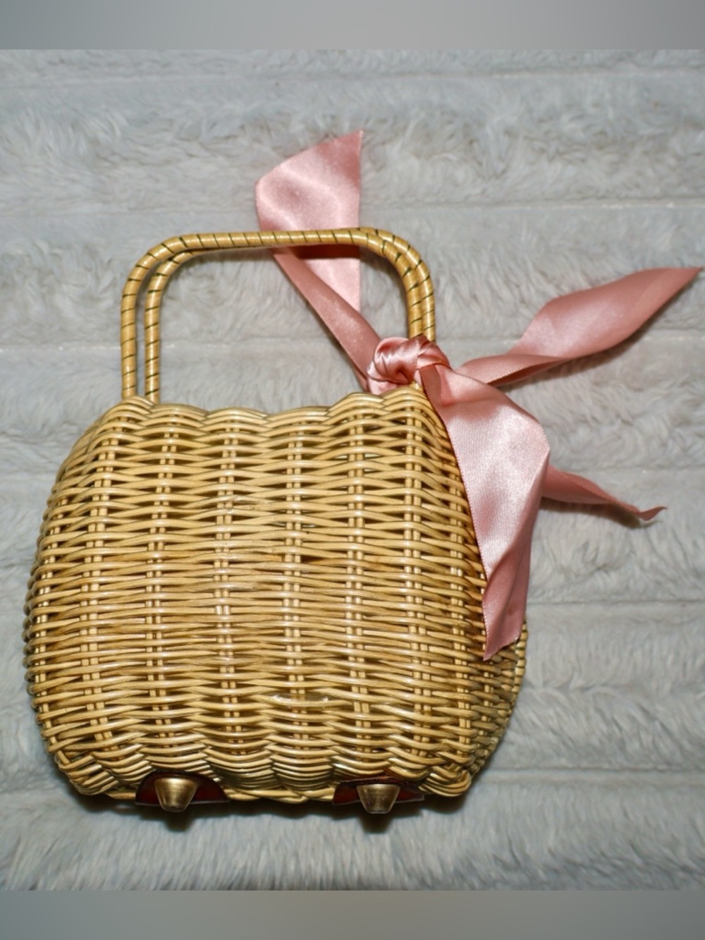Woven Rattan Handbag with Pink Satin Bow / Soft Girl Aesthetic/ Cottagecore